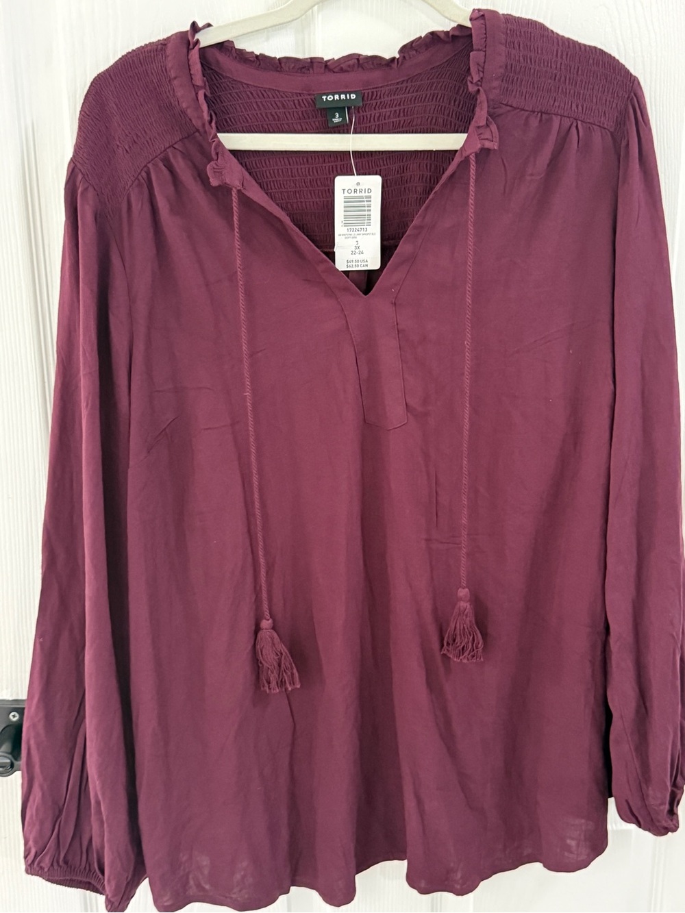 Torrid Size 3 Burgundy Boho Tassel Blouse Smocked NWT Peasant Top Plus Size